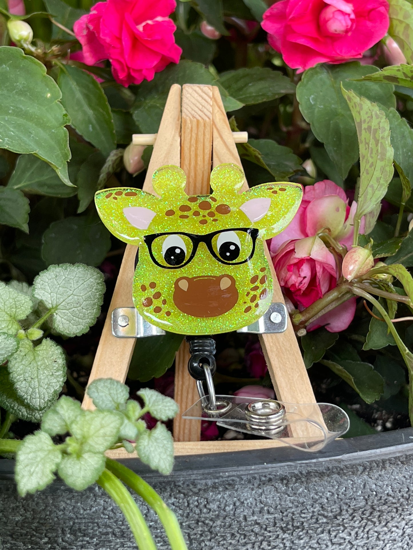 Giraffe with Glasses Glittered Interchangeable Badge Reel Topper