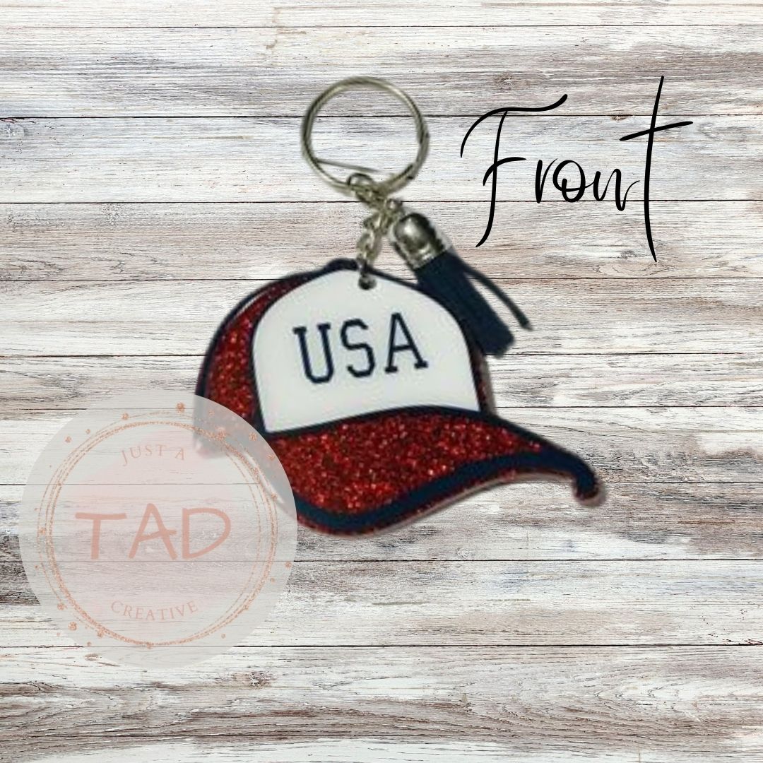 USA Trucker Hat 3" Red Glittered Keychain