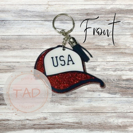 USA Trucker Hat 3" Red Glittered Keychain