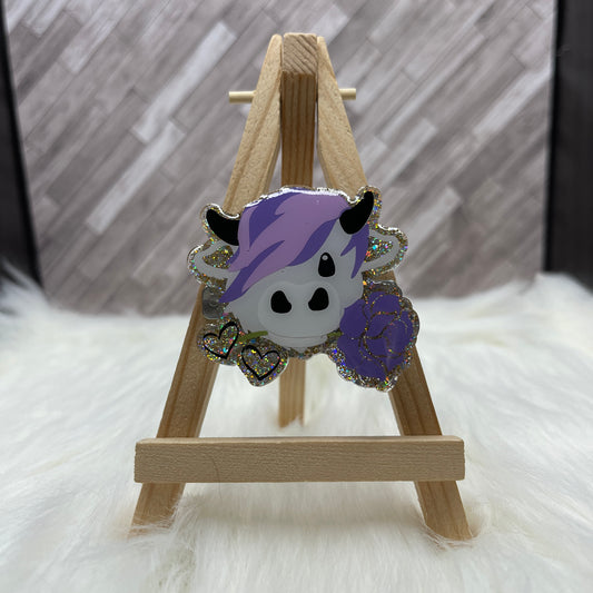 Highland Cow with Flower Glittered Interchangeable Badge Reel Topper