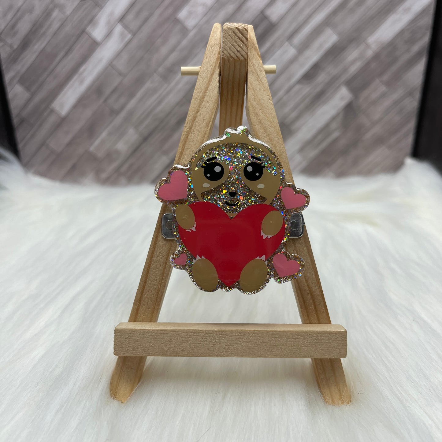 Cute Sloth Holding Heart Glittered Interchangeable Badge Topper