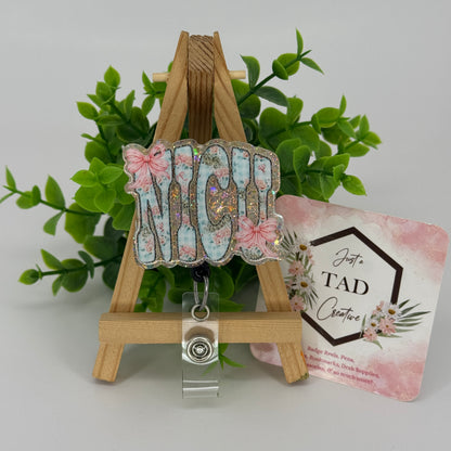 NICU Floral Bow Gingham Interchangeable Badge Reel Topper