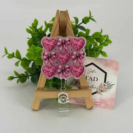 Pink Disco Heart & Bow Interchangeable Badge Reel Topper