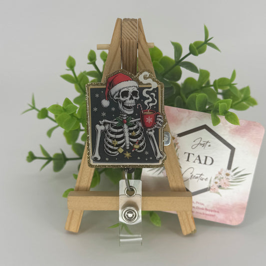 Cheery Hot Cocoa Drinking Skeleton Interchangeable Badge Reel Topper