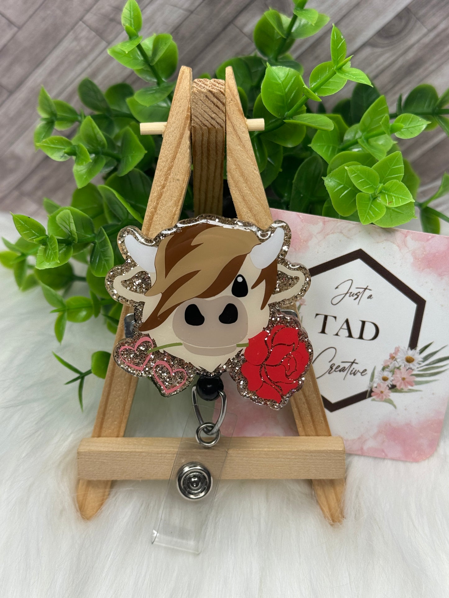 Highland Cow with Flower Glittered Interchangeable Badge Reel Topper