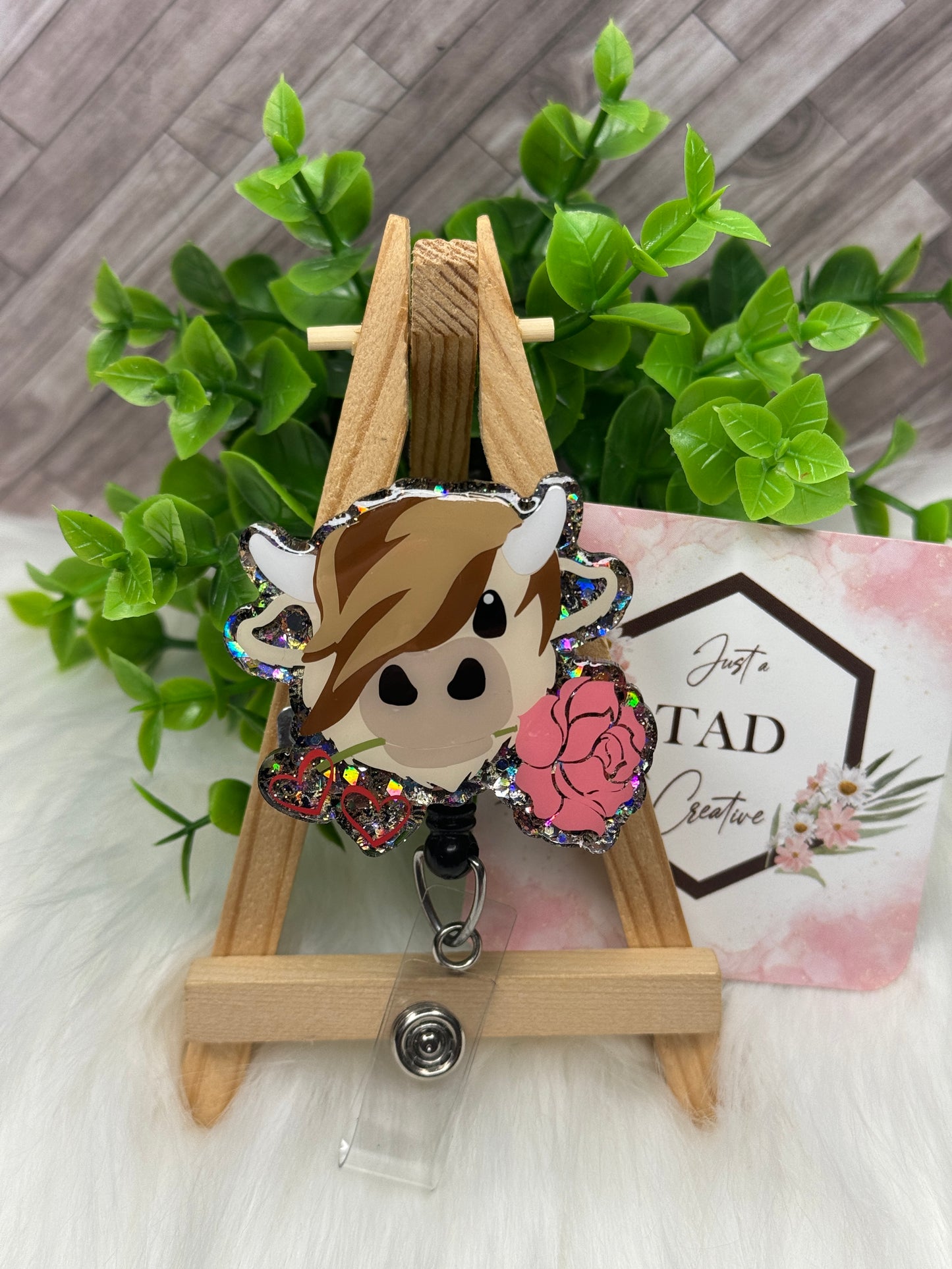 Highland Cow with Flower Glittered Interchangeable Badge Reel Topper