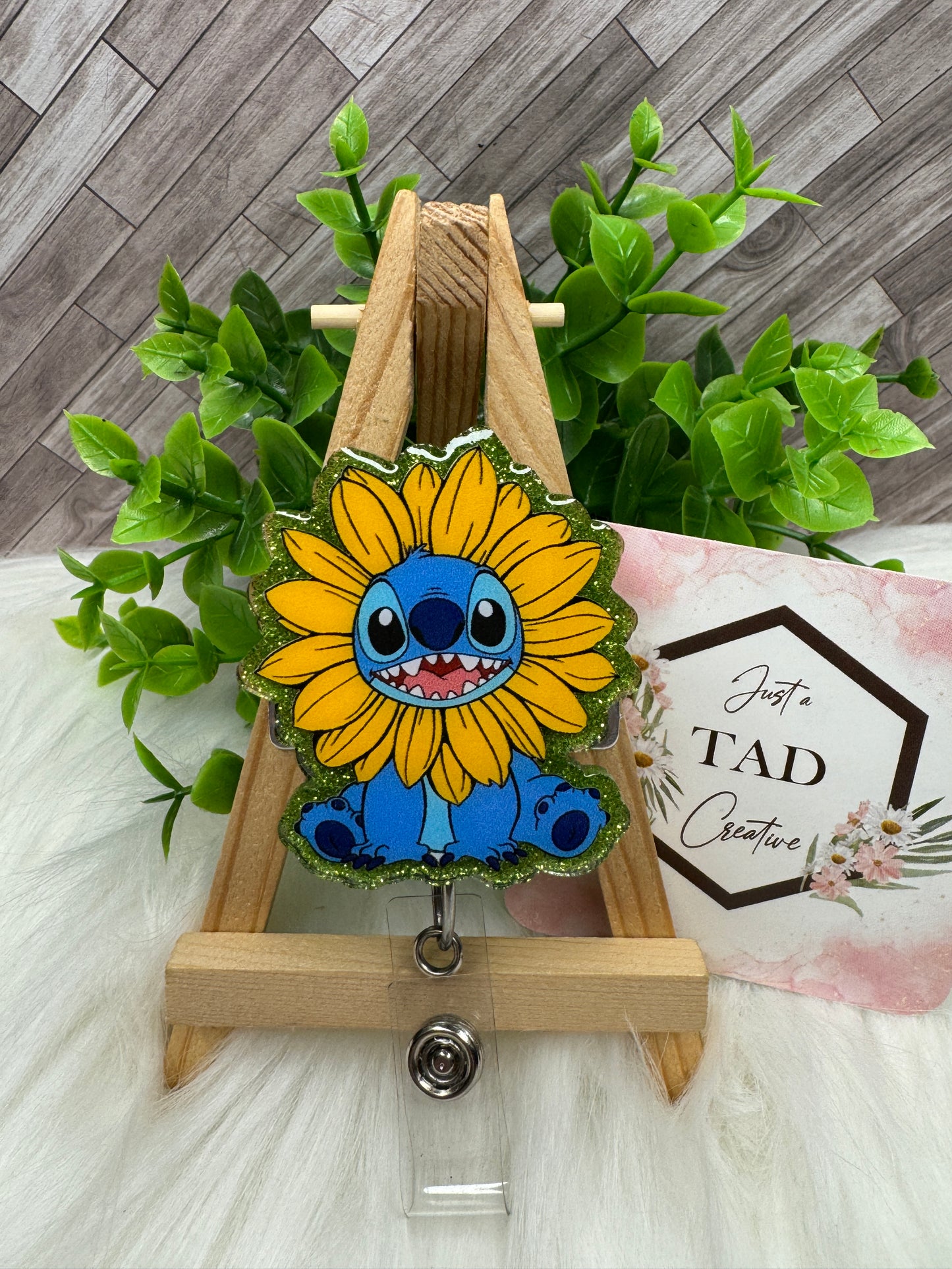 Blue Alien Cartoon Character with Sunflower Interchangeable Badge Reel Topper