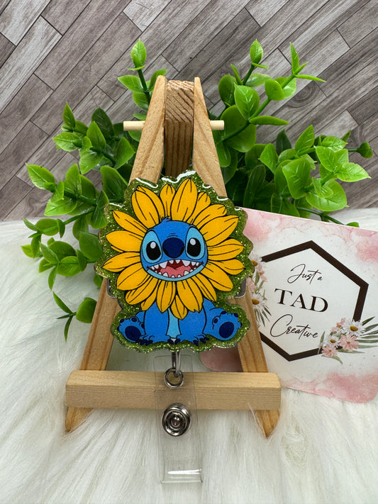 Blue Alien Cartoon Character with Sunflower Interchangeable Badge Reel Topper