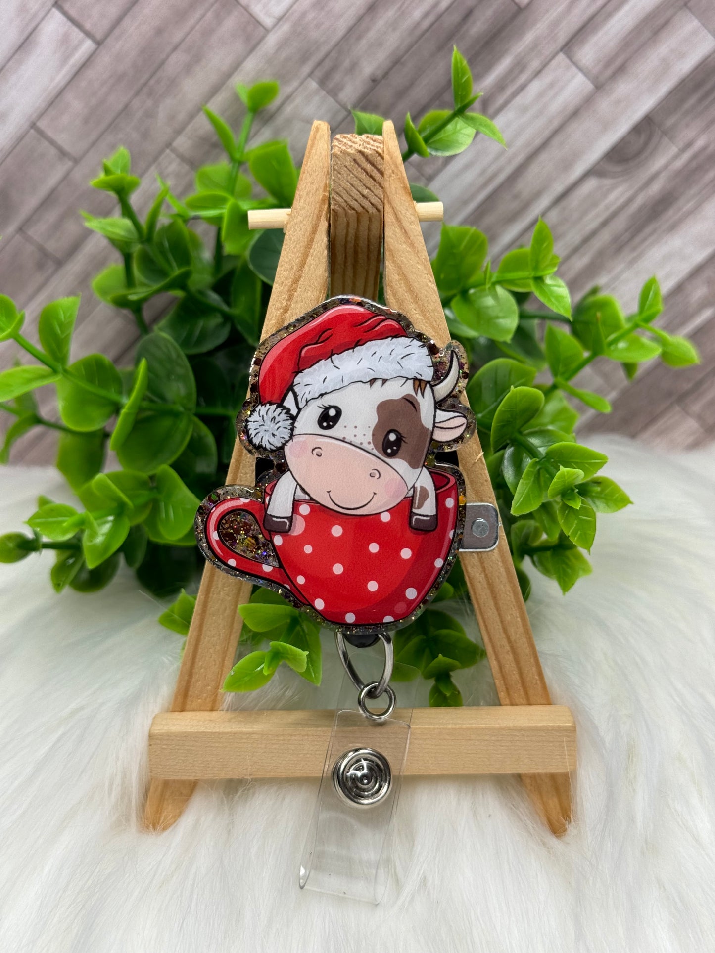 Cute Cow with Santa Hat in Cup Interchangeable Badge Topper