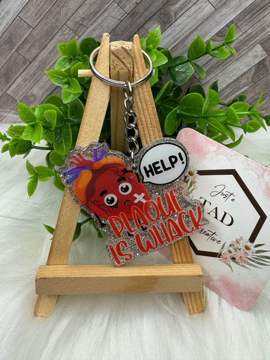 "Plaque Is Whack" Heart Glittered Keychain / Bag Tag