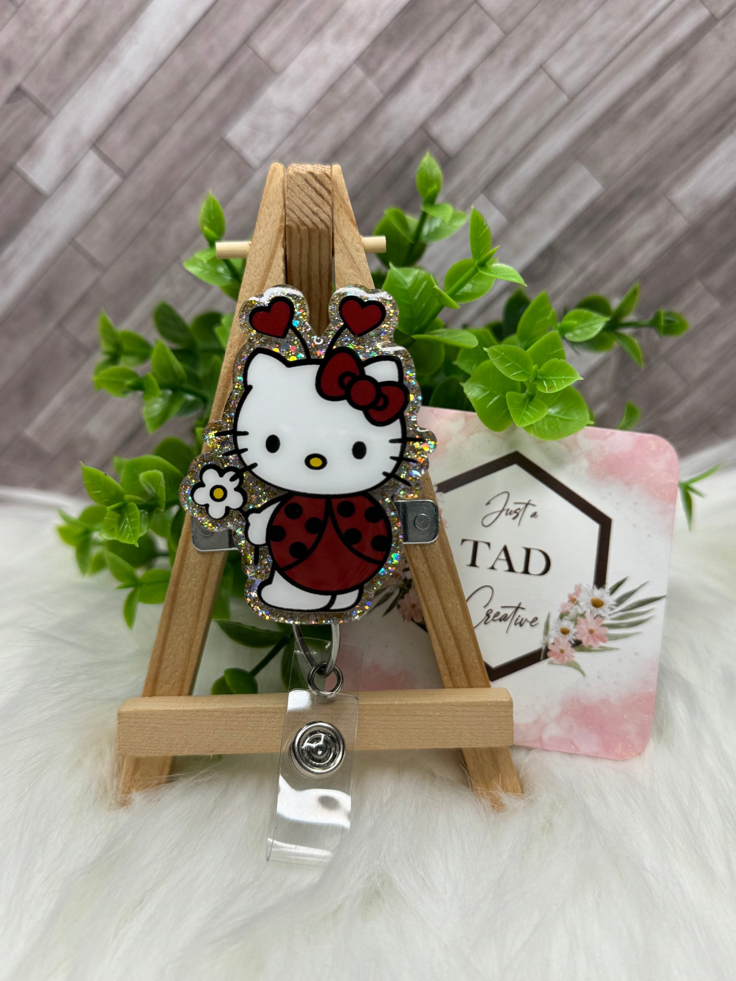Lady Bug White Kitty Interchangeable Badge Reel Topper