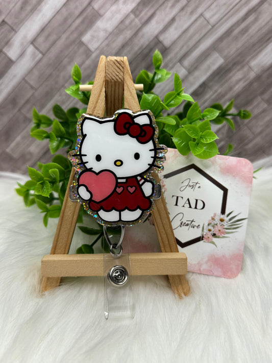White Kitty with Heart Interchangeable Badge Reel Topper