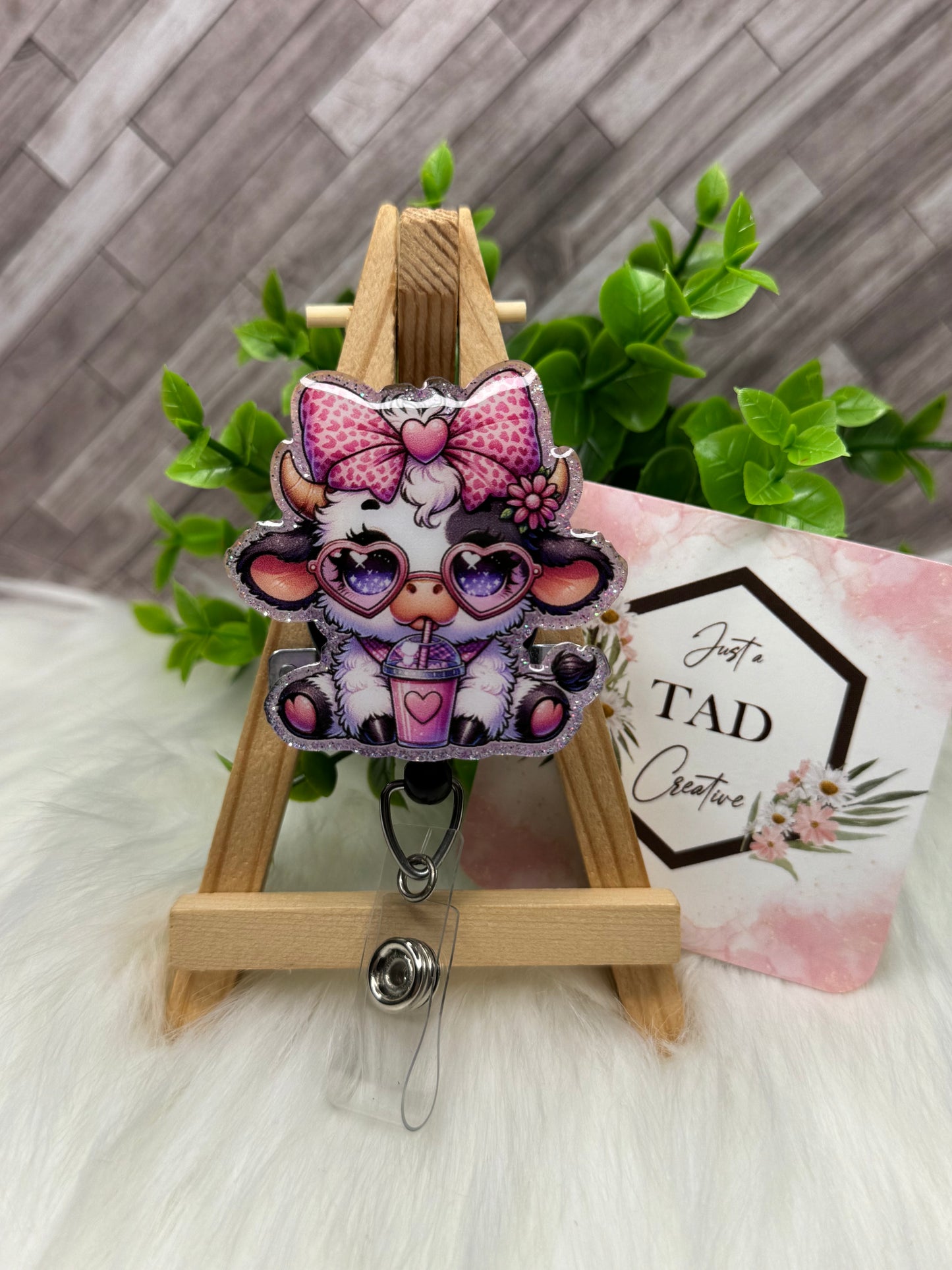 Cute Cow with Heart Glasses Interchangeable Badge Reel Topper