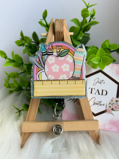 School Supply Floral Apple Glittered Interchangeable Topper