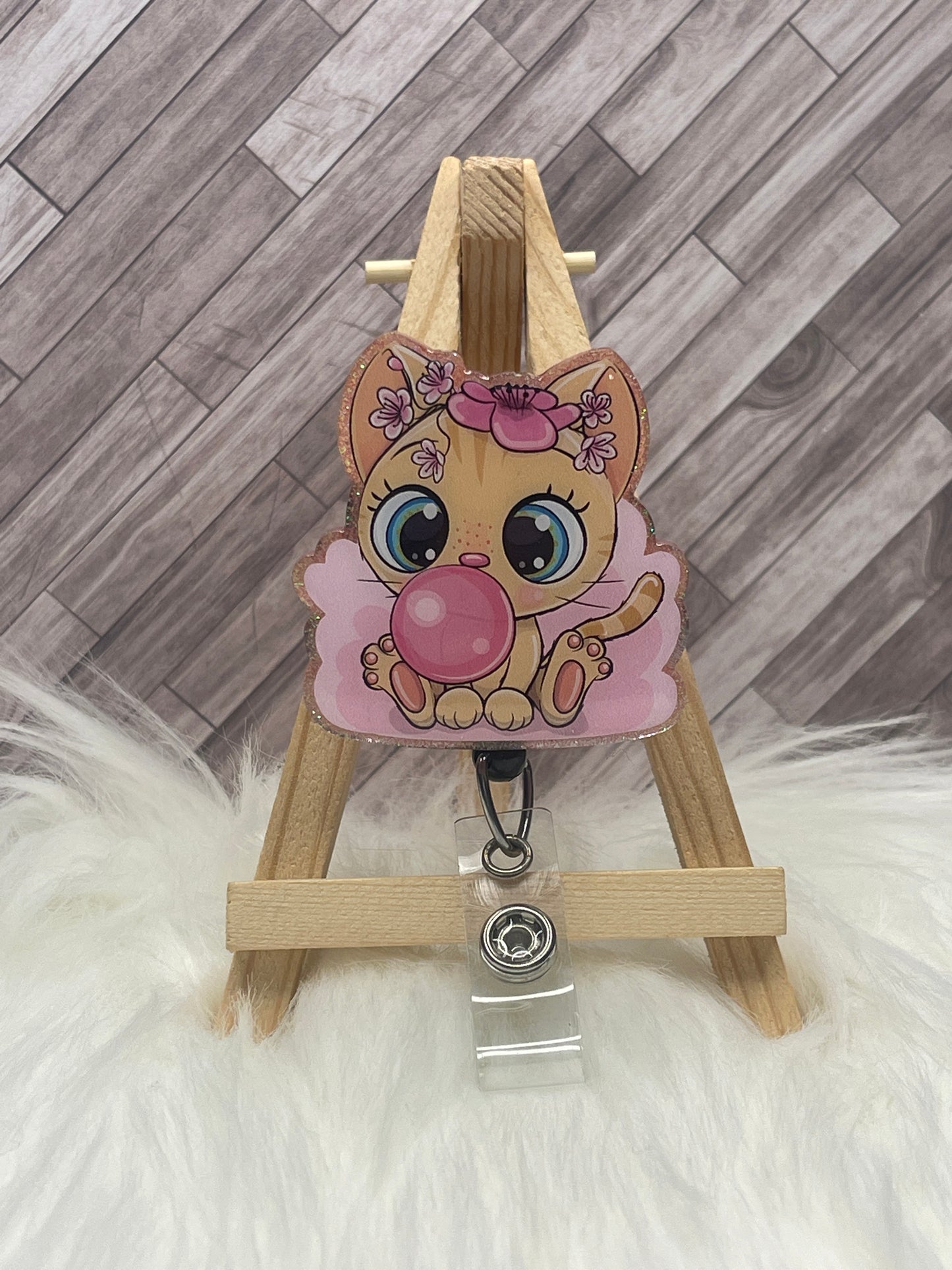 Bubble Gum Kitty Glittered Interchangeable Badge Reel Topper