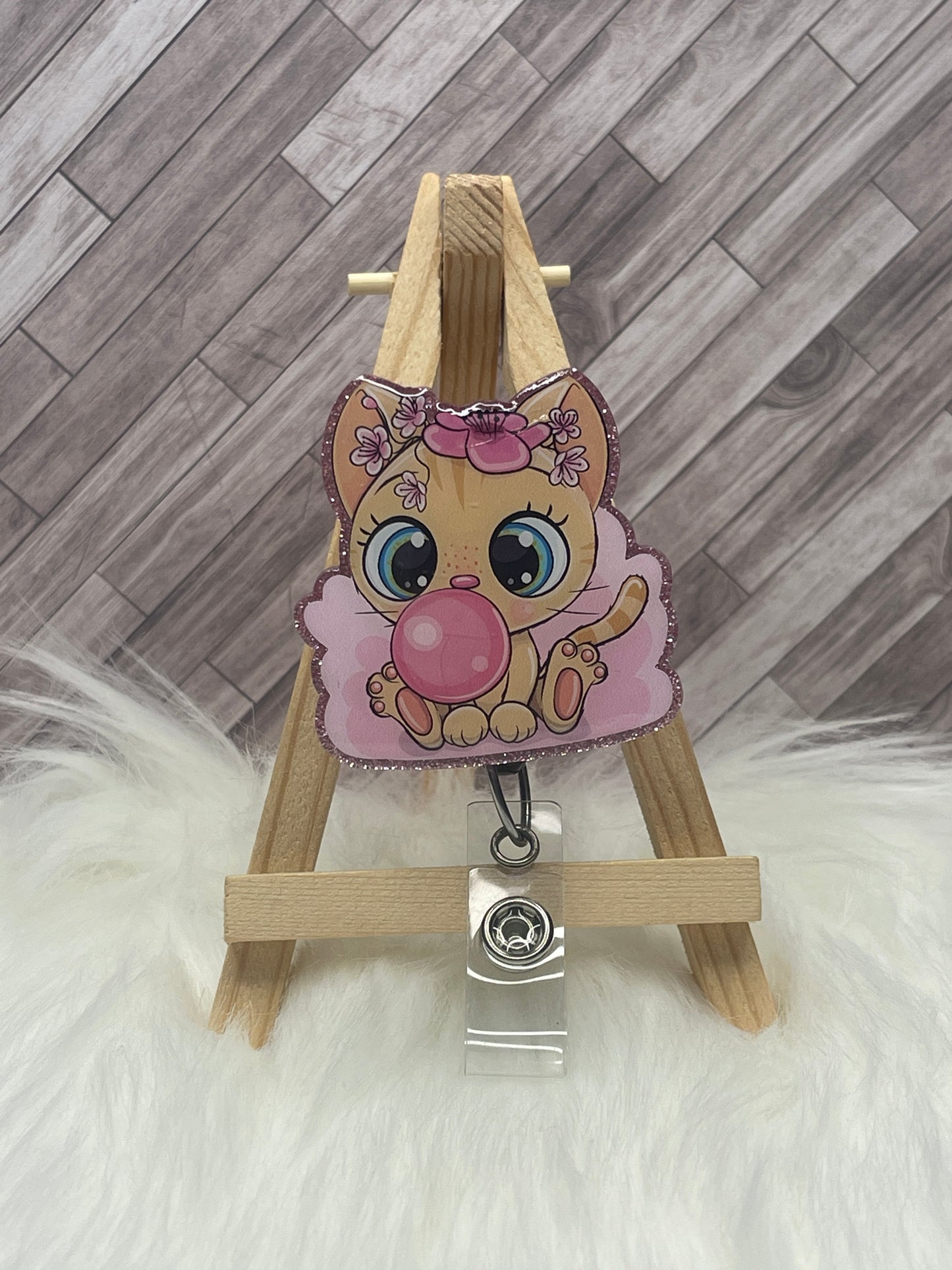 Bubble Gum Kitty Glittered Interchangeable Badge Reel Topper