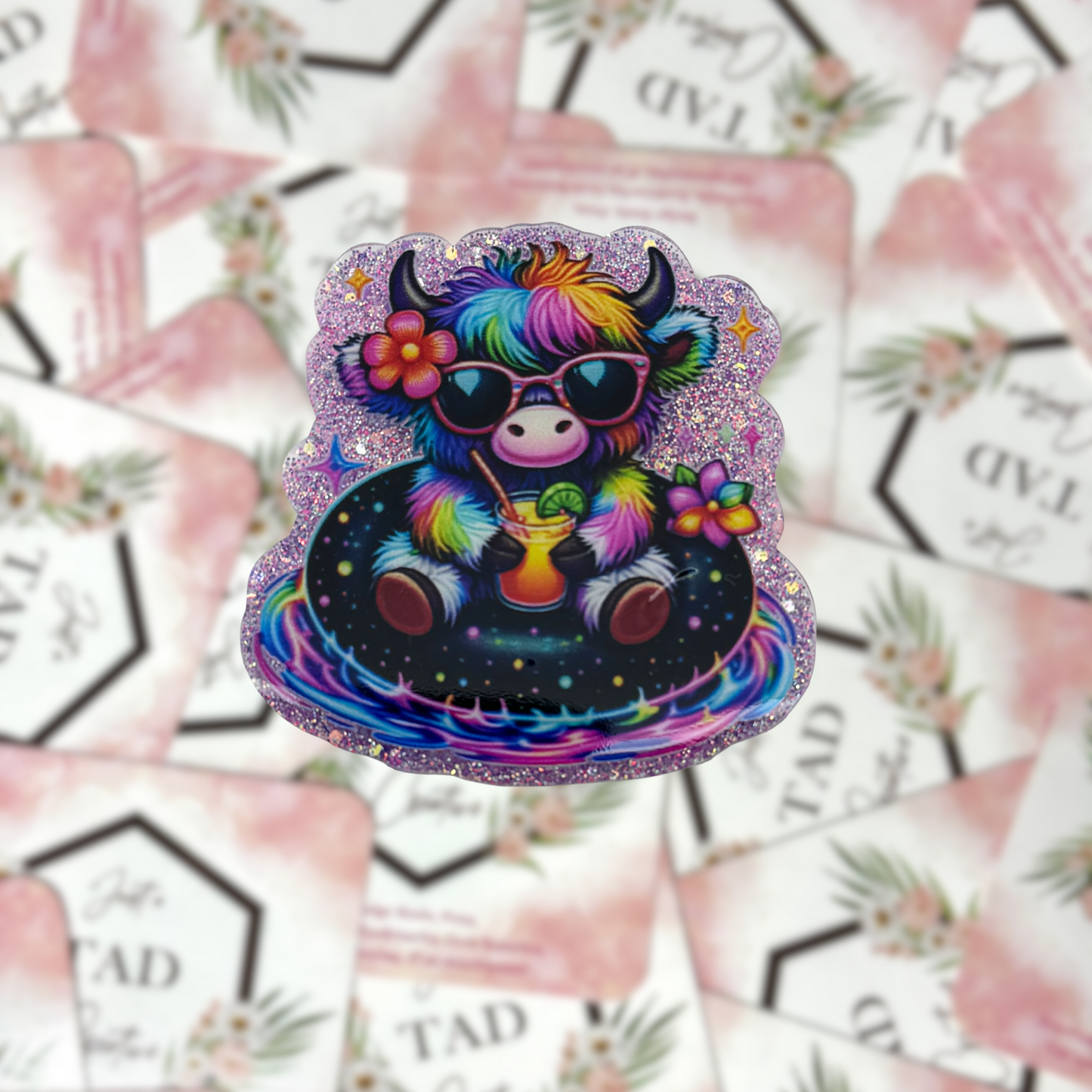 Colorful Cow in a Pool Float Interchangeable Badge Topper