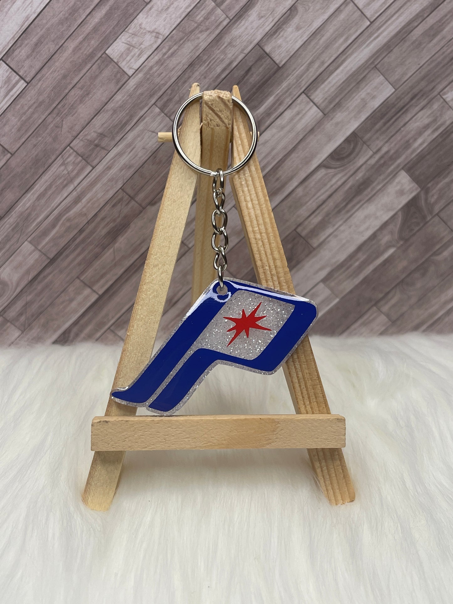 2" Slanted "P" Red White & Blue Glittered Keychain