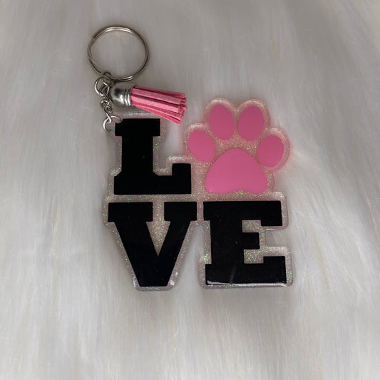 Love Paw Print 3" Pink Glittered Keychain